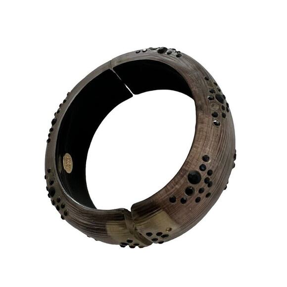 Alexis Bitter Rose Gold Lucite Hinged Bangle Bracelet Black Rhinestones 3" x 2. - Picture 5 of 16